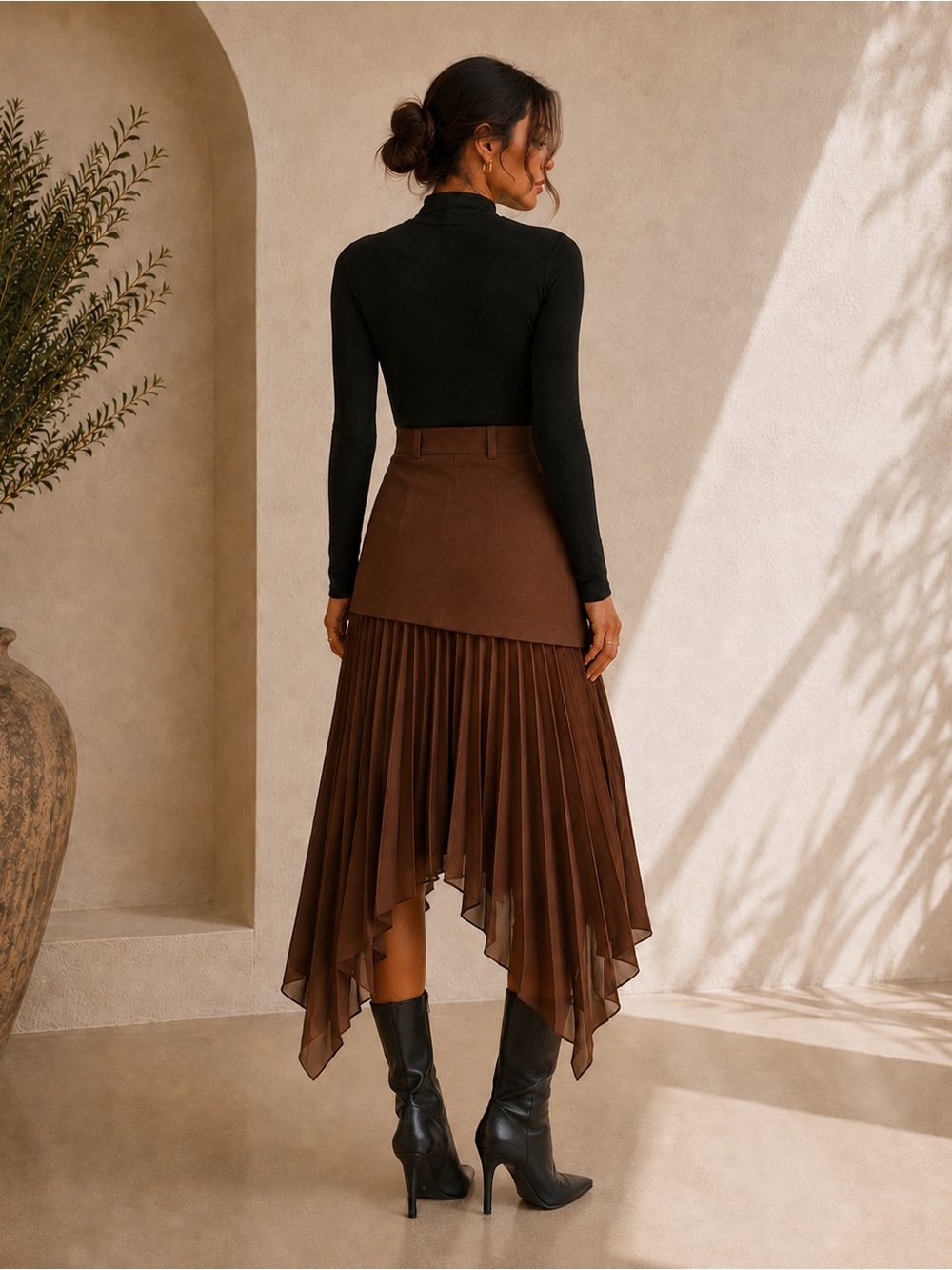 Commense Asymmetrical Pleated Midi Skirt in Chocolate Brown - Picture 2 of 4